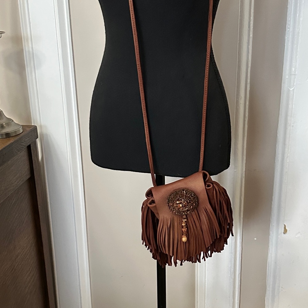 Vintage Artisan Brown Fringe Crossbody Bag